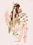  1girl angel_wings ankle_cuffs artist_name barefoot black_hair bow commentary crescent dress english_commentary flower full_body green_bow green_scarf hair_bow halo holding holding_flower leg_ribbon long_hair original pink_flower pink_rose ribbon rose scarf short_dress solo vicki_tsai white_dress wings wrist_cuffs 