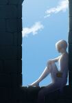  1boy armband blue_sky bodysuit cloud commentary_request ghirahim highres jimaku looking_afar male_focus pale_skin sitting sky solo the_legend_of_zelda the_legend_of_zelda:_skyward_sword white_bodysuit white_hair window 