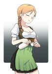  1girl absurdres apron bottle braid breasts cleavage closed_eyes commentary_request cowboy_shot cup dirndl dress ennui_orz german_clothes hair_behind_ear highres medium_breasts orange_hair original pleated_dress pouring sake_bottle short_dress side_braid smile solo sparkle underbust waist_apron 