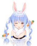  1girl ;d animal_ear_fluff animal_ears arms_behind_back bangs bare_shoulders black_leotard blue_hair blush bow braid breasts carrot_hair_ornament commentary_request detached_sleeves don-chan_(usada_pekora) dress drop_shadow food-themed_hair_ornament hair_between_eyes hair_bow hair_ornament hololive leotard long_hair multicolored_hair one_eye_closed puffy_short_sleeves puffy_sleeves rabbit_ears shizukawashi_sumi short_eyebrows short_sleeves simple_background small_breasts smile solo strapless strapless_dress strapless_leotard teeth thick_eyebrows twin_braids twintails two-tone_hair upper_body upper_teeth_only usada_pekora very_long_hair virtual_youtuber white_background white_bow white_dress white_hair white_sleeves 