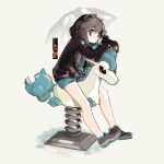  1girl alternate_color aqua_shorts bangs bare_legs black_hoodie brown_hair bubble bubble_blowing character_name commentary green_(pokemon) holding hood hood_up hoodie lillin long_hair long_sleeves looking_to_the_side pokemon pokemon_(game) pokemon_lgpe ponyta shiny_pokemon shoes shorts sitting solo spring_rider umbrella 