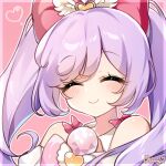  1girl ^_^ bangs bare_shoulders blush bow closed_eyes closed_mouth facing_viewer hair_bow heart highres long_hair manaka_lala pink_background pretty_(series) pripara pudding_(skymint_028) purple_hair red_bow signature smile solo twintails upper_body 