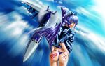  1girl aircraft airplane artist_name ass blue_eyes blue_hair blue_jacket canopy_(aircraft) f/a-18e_super_hornet fighter_jet from_behind hair_intakes hand_on_own_ass highres jacket jet looking_at_viewer military military_vehicle mitsurugi_meiya muvluv panties popgun_(22882502) purple_panties smile solo textless_version underwear vehicle_focus 