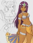  2girls abs armlet armor bikini_armor breasts cleavage collar dark-skinned_female dark_skin diadem dragon_quest dragon_quest_iv dragon_quest_viii hand_fan highres holding holding_fan holding_whip jessica_albert long_hair looking_at_viewer manya_(dq4) metal_collar multiple_girls one_eye_closed purple_hair sketch thighlet twintails yellow_eyes yoracrab 