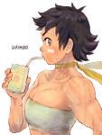  1girl absurdres bandage_on_face bandaged_chest bandages black_hair breasts choker cleavage drinking drinking_straw highres juice_box looking_at_viewer makoto_(street_fighter) muscular muscular_female quasimodox ribbon_choker short_hair simple_background street_fighter street_fighter_iii_(series) street_fighter_iv_(series) sweat tomboy white_background yellow_choker 