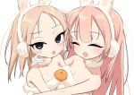  2girls :o animal_ears bandeau bangs blue_eyes blush bouen breasts bunny_earmuffs cleavage closed_eyes commentary earmuffs fake_animal_ears food fruit fur_collar highres light_brown_hair long_hair looking_at_viewer multiple_girls open_mouth orange_(fruit) original pink_hair rabbit_ears simple_background small_breasts symbol-only_commentary white_background 