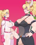 2girls absurdres armlet blonde_hair blue_eyes blush bodysuit bowsette bracelet breasts cleavage cock_ring collar covered_navel crown diforland earrings erection fingernails futanari gloves grin height_difference highres horns huge_penis huge_testicles jewelry large_breasts large_penis long_hair looking_at_another mario_(series) multiple_girls multiple_penises new_super_mario_bros._u_deluxe penis penis_size_difference pink_gloves ponytail princess_peach red_background red_nails sex_toy sharp_fingernails simple_background smile spiked_armlet spiked_bracelet spiked_cock_ring spiked_collar spikes super_crown testicles the_super_mario_bros._movie turtle_shell uncensored veins veiny_penis 