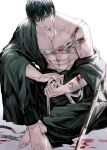  1boy abs absurdres bandages bangs black_eyes black_hair black_kimono blood collarbone crossed_legs dmsco1803 full_body fushiguro_touji highres japanese_clothes jujutsu_kaisen kimono long_sleeves looking_down male_focus muscular muscular_male scar scar_on_face short_hair simple_background sitting solo topless_male weapon white_background 