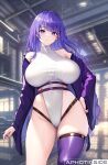  1girl alternate_costume aztodio bangs bare_shoulders blush breasts closed_mouth commentary english_commentary genshin_impact hand_on_hip highleg highleg_leotard large_breasts leotard leotard_sweater long_hair long_sleeves looking_at_viewer off_shoulder purple_eyes purple_hair purple_thighhighs raiden_shogun single_thighhigh solo thighhighs thighs white_leotard 