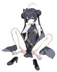  1girl 7peach_32 bare_shoulders barefoot black_footwear black_hair blazer blue_archive blush braid braided_bun breasts china_dress chinese_clothes covered_navel double_bun dragon_print dress expressionless feet grey_eyes hair_bun hair_ornament halo high_heels highres jacket kisaki_(blue_archive) legs long_hair off_shoulder shoes shoes_removed simple_background sleeveless sleeveless_dress small_breasts soles solo spread_legs toes white_background 