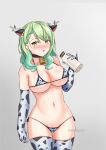  1girl absurdres animal_ears animal_print antlers ass_visible_through_thighs azurecruiser bell bikini black_collar blush bottle branch breasts ceres_fauna collar cow_ears cow_print cowbell elbow_gloves gloves green_hair grey_background highres holding holding_bottle hololive hololive_english large_breasts leaf micro_bikini milk_bottle mole mole_under_eye navel neck_bell open_mouth print_gloves print_thighhighs simple_background skindentation solo stomach swimsuit virtual_youtuber yellow_eyes 