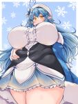  1girl absurdres ahoge bangs bare_shoulders belly belly_grab blue_background blue_hair blush border breasts breasts_apart buttons closed_mouth commentary_request cowboy_shot curvy fat flower frills fur_trim hair_between_eyes hair_flower hair_ornament heart heart_ahoge highres hololive huge_breasts kurokaze_no_sora long_hair long_sleeves outside_border plump pointy_ears snowflake_background snowflakes solo sweatdrop thick_thighs thighs very_long_hair virtual_youtuber white_border yellow_eyes yukihana_lamy 