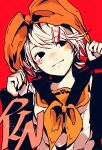  1girl 3kuma bangs bow character_name closed_mouth commentary detached_sleeves hair_bow hair_ornament hairclip highres kagamine_rin light_smile looking_to_the_side orange_theme sailor_collar screentones short_hair signature simple_background solo swept_bangs vocaloid 