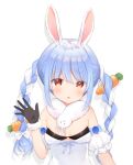  1girl :o animal_ear_fluff animal_ears bangs bare_shoulders black_gloves black_leotard blue_hair bow braid breasts carrot_hair_ornament detached_sleeves don-chan_(usada_pekora) dress drop_shadow food-themed_hair_ornament fur-trimmed_gloves fur_trim gloves hair_between_eyes hair_bow hair_ornament hand_up hololive leotard long_hair multicolored_hair parted_lips puffy_short_sleeves puffy_sleeves rabbit_ears shizukawashi_sumi short_eyebrows short_sleeves simple_background small_breasts solo strapless strapless_dress strapless_leotard thick_eyebrows twin_braids twintails two-tone_hair upper_body usada_pekora very_long_hair virtual_youtuber white_background white_bow white_dress white_hair white_sleeves 