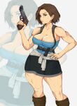  1girl beretta_92 black_skirt blue_eyes breasts brown_hair cleavage collarbone gun hand_on_hip handgun highres holding holding_gun holding_weapon jill_valentine muscular muscular_female resident_evil resident_evil_3:_nemesis simple_background skirt solo standing weapon yoracrab 