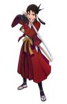  1girl bakumatsu_rouman bakumatsu_rouman_dainimaku bangs black_hair hakama hakama_skirt highres holding holding_weapon japanese_clothes katana long_hair okken ponytail red_hakama sheath skirt snk solo standing sword takane_hibiki weapon white_background 