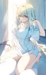 1girl absurdres backlighting bangs bare_legs blonde_hair blush breasts cleavage grey_eyes hair_between_eyes hair_intakes hands_up highres kneeling large_breasts long_hair on_bed one_eye_closed original pillow shirt shorts solo stretching t-shirt thighs very_long_hair wattaro white_shirt 