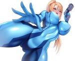  1girl blonde_hair blue_bodysuit blue_eyes bodysuit breasts from_below highres impossible_bodysuit impossible_clothes large_breasts latex latex_bodysuit long_hair metroid paralyzer ponytail samus_aran shiny_clothes skin_tight solo thighs volyz white_background zero_suit 