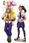  1boy 1girl :d absurdres arven_(pokemon) asada_sadao backpack bag balloon belt black_bag black_hair blush boots breast_pocket brown_belt collared_shirt commentary_request drifloon eevee hand_on_hip highres long_hair necktie nemona_(pokemon) notice_lines open_mouth pants pantyhose pocket poke_ball pokemon pokemon_(game) pokemon_sv ponytail premier_ball purple_necktie purple_pants purple_shorts school_uniform shirt shoes short_sleeves shorts smile squiggle standing translation_request uva_academy_school_uniform vest white_footwear yellow_bag yellow_vest 