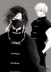  2boys artist_name bangs bead_necklace beads copyright_name covered_mouth earrings feitan_portor floating_hair greyscale hair_between_eyes hand_in_pocket highres hunter_x_hunter jewelry looking_at_viewer looking_away male_focus mask monochrome morisita_suu mouth_mask multiple_boys necklace shalnark short_hair short_sleeves sideways_glance simple_background tassel tassel_earrings toggles 