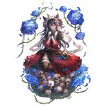  1girl animal_ears black_gloves black_hair black_thighhighs blue_flower blue_rose closed_mouth dress flower gloves granblue_fantasy hands_on_own_chest hands_up long_hair looking_at_viewer minaba_hideo nier_(granblue_fantasy) official_art own_hands_together petals puffy_sleeves red_eyes rose skull solo thighhighs thorns transparent_background 