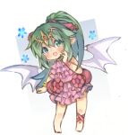  1girl :d arm_at_side bangs barefoot blush bracelet delaware3850 dragon_wings fang fire_emblem fire_emblem:_mystery_of_the_emblem fire_emblem_heroes full_body gem green_eyes grey_wings hair_between_eyes hair_ribbon hand_up headpiece highres jewelry legs_apart light_green_hair long_hair multicolored_wings one-piece_swimsuit open_mouth pink_one-piece_swimsuit pink_ribbon pointy_ears ponytail red_gemstone ribbon skin_fang smile solo standing swimsuit tiki_(fire_emblem) tiki_(young)_(fire_emblem) tiki_(young)_(summer)_(fire_emblem) two-tone_wings white_wings wings 