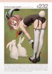  1girl animal_ears ass bangs bare_shoulders bent_over black_gloves black_leotard boots breasts brown_hair carrot fake_animal_ears fake_tail full_body garter_straps gloves highres holding holding_carrot leotard murata_range non-web_source original playboy_bunny purple_eyes rabbit rabbit_ears rabbit_tail short_hair small_breasts smile strapless strapless_leotard tail thigh_boots translation_request white_rabbit_(animal) wrist_cuffs 