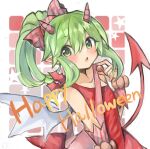  1girl :o bangs blush bow delaware3850 demon_tail fire_emblem fire_emblem:_mystery_of_the_emblem fire_emblem_heroes green_eyes grey_wings hair_between_eyes hair_bow happy_halloween highres horns light_green_hair long_hair multicolored_wings official_alternate_costume open_mouth pink_horns pointy_ears red_tail sidelocks solo star_(symbol) striped striped_bow tail tiki_(fire_emblem) tiki_(young)_(fire_emblem) tiki_(young)_(halloween)_(fire_emblem) two-tone_wings white_wings wings 