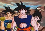  1990s_(style) 1girl 2boys bardock black_eyes black_hair closed_mouth commentary dragon_ball dragon_ball_super father_and_son gine halo hand_on_another&#039;s_arm hand_on_another&#039;s_shoulder highres looking_at_another monkey_tail mother_and_son multiple_boys open_mouth retro_artstyle saiyan_armor salvamakoto scar scar_on_cheek scar_on_face scouter sky smile son_goku spiked_hair tail torn_clothes upper_body 