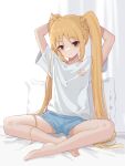 1girl absurdres ahoge arms_up bangs bare_legs barefoot bed_sheet blonde_hair blue_shorts blush bocchi_the_rock! braid closed_mouth commentary eyelashes feet full_body head_tilt highres ijichi_nijika jianshu legs long_hair looking_at_viewer on_bed paw_print pillow shirt shorts side_braid sidelocks simple_background sitting smile solo straight_hair toes twintails very_long_hair white_background white_shirt yellow_eyes 