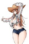  1girl blue_eyes blue_shorts blush breasts brown_hair charlotte_e._yeager cleavage cowboy_hat grin hat highres jacket large_breasts long_hair looking_at_viewer midriff navel short_shorts shorts simple_background sketch smile solo strike_witches thumbs_up white_background world_witches_series yohijikon 
