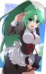  1girl :d apron arm_up bangs black_skirt blush breasts buckle commission cosplay frilled_apron frills green_eyes green_hair hair_between_eyes hair_intakes hat highres higurashi_no_naku_koro_ni large_breasts long_hair long_sleeves looking_at_viewer mashimaro_tabetai open_mouth pixiv_commission ponytail red_ribbon ribbon shannon_(umineko) shannon_(umineko)_(cosplay) skirt smile solo sonozaki_mion underbust upper_body very_long_hair white_apron white_headwear 