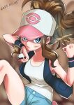  1girl absurdres baseball_cap black_vest breasts brown_hair clenched_hand closed_mouth commentary_request dated denim denim_shorts dirty dirty_face harota_615 hat high_ponytail highres hilda_(pokemon) holding holding_poke_ball knees long_hair looking_at_viewer poke_ball poke_ball_(basic) pokemon pokemon_(game) pokemon_bw shirt short_shorts shorts sidelocks sleeveless sleeveless_shirt solo vest white_headwear white_shirt wristband 