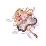 1girl ;p bag bangs blonde_hair cagliostro_(granblue_fantasy) dress full_body granblue_fantasy handbag holding holding_stuffed_toy long_hair minaba_hideo official_art one_eye_closed pink_bag purple_eyes red_footwear see-through see-through_sleeves shoes simple_background socks solo stuffed_animal stuffed_toy teddy_bear tongue tongue_out transparent_background white_dress white_socks 