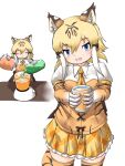  1girl animal_ears animal_print blender_(object) blonde_hair blue_eyes blush chips_(food) collared_shirt commentary_request cowboy_shot cup elbow_gloves fangs food frilled_skirt frills gloves highres kemono_friends long_hair looking_at_viewer multiple_views necktie open_mouth orange_shirt plaid plaid_necktie plaid_skirt pleated_skirt print_gloves print_thighhighs puffy_short_sleeves puffy_sleeves shirt short_sleeves sidelocks skirt smilodon_(kemono_friends) soda_bottle tail tiger_ears tiger_print tiger_tail two-tone_shirt uf34a white_hair white_shirt yellow_necktie yellow_skirt zettai_ryouiki 