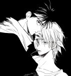  1boy 1girl artist_name bangs cable closed_mouth greyscale headband hiei_(yu_yu_hakusho) highres looking_at_viewer monochrome morisita_suu mukuro_(yu_yu_hakusho) portrait profile scar scar_on_face scarf short_hair simple_background yu_yu_hakusho 