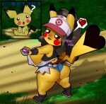 absurd_res anthro blush butt chacrawarrior clothed clothing day duo english_text female forest generation_1_pokemon generation_2_pokemon hat headgear headwear hi_res hilda_(pokemon) holding_object holding_pokeball master_ball nintendo open_mouth outside pichu pikachu plant pokeball pokemon pokemon_(species) pokemorph question_mark raised_tail tail text thick_thighs tree yellow_body 