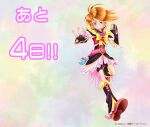  1girl arm_warmers artist_request belt bike_shorts_under_skirt black_gloves black_leg_warmers bow brown_eyes countdown cure_black cure_black_(phoenix_form) earrings fingerless_gloves futari_wa_precure futari_wa_precure_max_heart gloves grin jewelry medium_hair misumi_nagisa official_art orange_hair precure smile solo v yellow_bow 