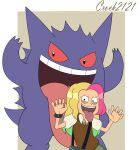  2022 amphibia_(series) crock2121 crossover disney duo female feral generation_1_pokemon gengar hair hi_res human male mammal molly_jo multicolored_hair nintendo pokemon pokemon_(species) screaming tongue tongue_out 