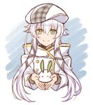  1girl altina_orion beret cropped_torso eiyuu_densetsu green_eyes hair_flaps hat highres jacket light_smile long_hair looking_at_viewer mishiro_(andante) sen_no_kiseki sidelocks sketch smile snow_bunny solo straight-on twitter_username white_hair white_jacket 