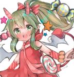  1girl :d artist_name bangs bow candy commentary delaware3850 demon_tail dragon_wings fire_emblem fire_emblem:_mystery_of_the_emblem fire_emblem_heroes flat_chest food green_eyes grey_wings hair_between_eyes hair_bow highres horns light_green_hair lollipop long_hair looking_at_viewer official_alternate_costume open_mouth pink_horns pointy_ears ponytail red_tail sidelocks simple_background smile solo star_(symbol) striped striped_bow swirl_lollipop tail tiki_(fire_emblem) tiki_(young)_(fire_emblem) tiki_(young)_(halloween)_(fire_emblem) white_background wings 