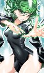  1girl absurdres black_dress blush breasts clenched_teeth covered_navel curly_hair dress green_eyes green_hair highres looking_at_viewer omagacchu one-punch_man small_breasts solo tatsumaki teeth 