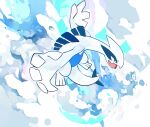  ab-ten black_eyes commentary_request fang flying full_body highres lugia no_humans open_mouth pokemon pokemon_(creature) skin_fang solo tongue water_drop 