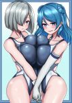  2girls absurdres black_one-piece_swimsuit blue_eyes blue_hair blush breast_press breasts competition_swimsuit double_bun elbow_gloves gloves hair_bun hair_ornament hair_over_one_eye hairclip hamakaze_(kancolle) highres holding_hands interlocked_fingers kantai_collection large_breasts multiple_girls one-piece_swimsuit open_mouth short_hair smile swimsuit symmetrical_docking tokiwa_senkei two-tone_swimsuit urakaze_(kancolle) white_gloves white_hair 
