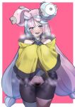  1girl :d absurdres asymmetrical_clothes bangs bare_shoulders blue_hair blush female_pubic_hair hair_ornament highres iono_(pokemon) long_hair looking_at_viewer mismatched_pubic_hair open_mouth pink_eyes pink_hair pokemon pokemon_(game) pokemon_sv pubic_hair ryouten9 single_pantsleg sleeves_past_wrists smile solo sweat very_long_hair 