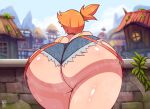  1girl andro_juniarto ass back bare_shoulders crossed_legs curvy denim denim_shorts dripping from_behind house huge_ass leaning_forward misty_(pokemon) mountain orange_hair outdoors overalls pokemon pokemon_(anime) pokemon_(classic_anime) shiny_skin short_shorts shorts side_ponytail signature sky solo stone stone_wall sweat thighs village wall 
