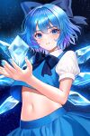  1girl blue_bow blue_bowtie blue_eyes blue_hair blue_nails blue_shirt blue_skirt blush bow bowtie cirno commentary crop_top crop_top_overhang hair_bow highres ice ice_wings midriff nail_polish navel parted_lips puffy_short_sleeves puffy_sleeves shirt short_hair short_sleeves skirt skirt_set solo stomach touhou uemura_shun upper_body wings 