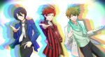  3boys ahoge belt black_hair black_pants blue_eyes buttons collared_shirt dramatic_stars_(idolmaster) facial_hair glasses goatee green_hair hair_between_eyes idol idolmaster idolmaster_side-m kashiwagi_tsubasa male_focus multiple_boys necktie outstretched_hand pants parted_lips red_hair red_scarf sakuraba_kaoru sanatsume scarf shirt smile tendo_teru white_necktie 