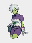  1girl bag belt bodysuit breasts cheelai closed_mouth colored_skin dragon_ball dragon_ball_super gloves green_skin grey_background grey_hair kemachiku purple_bodysuit short_hair short_sleeves simple_background skin_tight smile solo white_gloves 