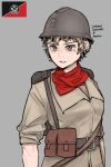  1girl backpack bag belt_pouch blonde_hair brown_bag brown_eyes close-up ear_piercing grey_background hearts_of_iron helmet highres kaiserreich military military_uniform mole mole_under_eye piercing pouch pzkpfwi red_scarf scarf short_hair simple_background sketch solo uniform 